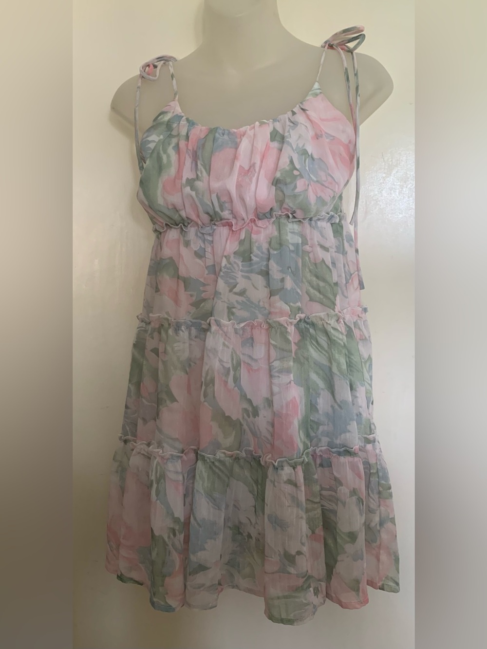 EUC Floral Print Tiered Tie-Strap Square-Neckline Mini Dress Size XS